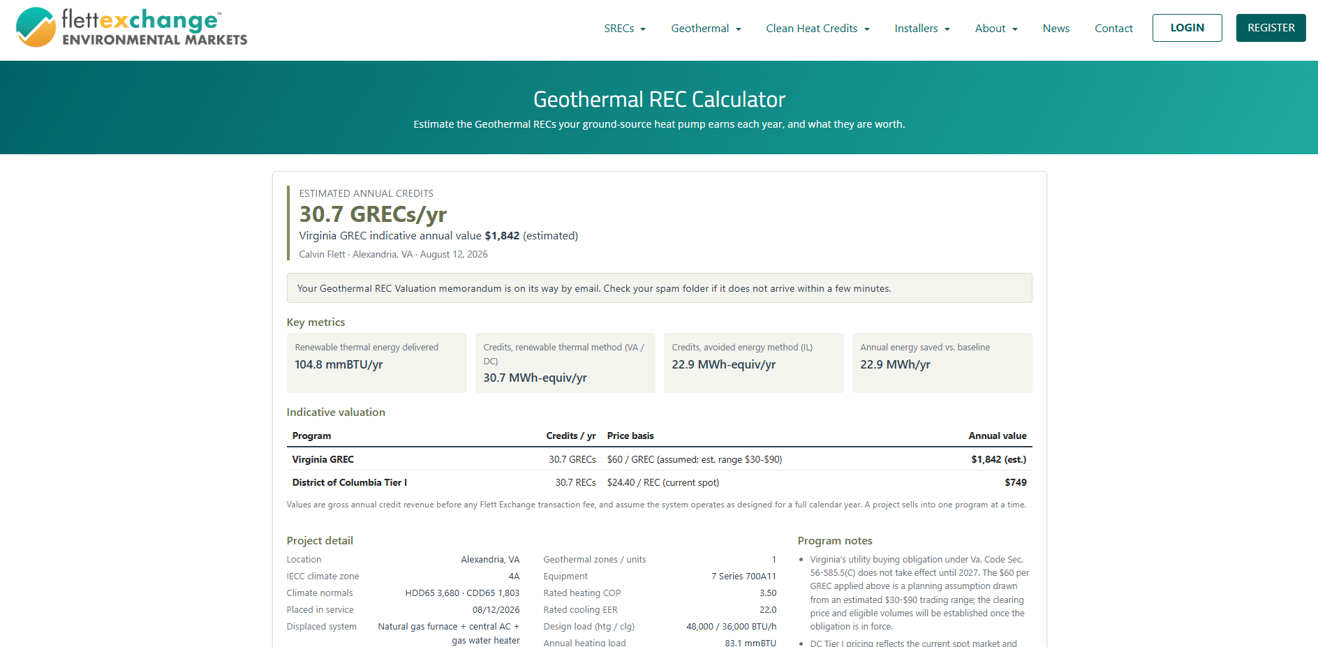 A detailed report estimate on the Geothermal REC calculator on flettexchange.com