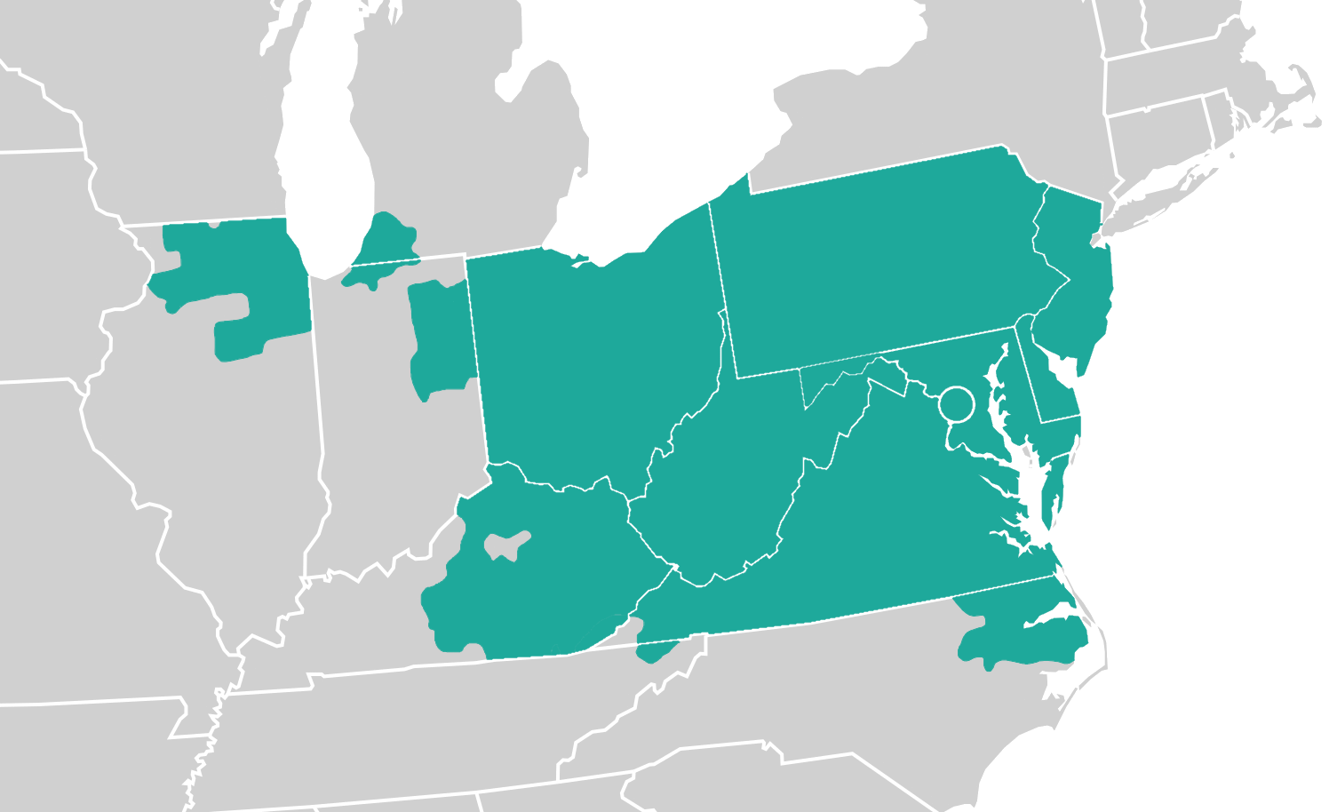 PJM Grid Map. Virginia, West Virginia, Maryland, DC, Delaware, Pennsylvania, and New Jersey are mostly or fully highlighted. Parts of North Carolina, Kentucky, Michigan, Ohio, and Tennessee are highlighted.