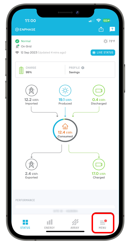 Enphase Enlighten App - Menu